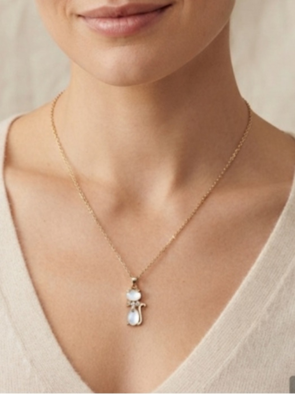 Gold Tone Necklace with White Cat Pendant - Women's Jewelry